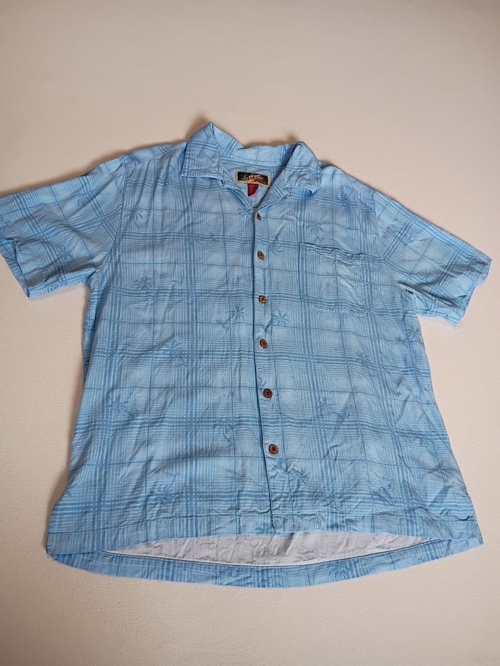 La Cabana 100% Rayon Button Down Light Blue Tropical Palm Tree Shirt Size L